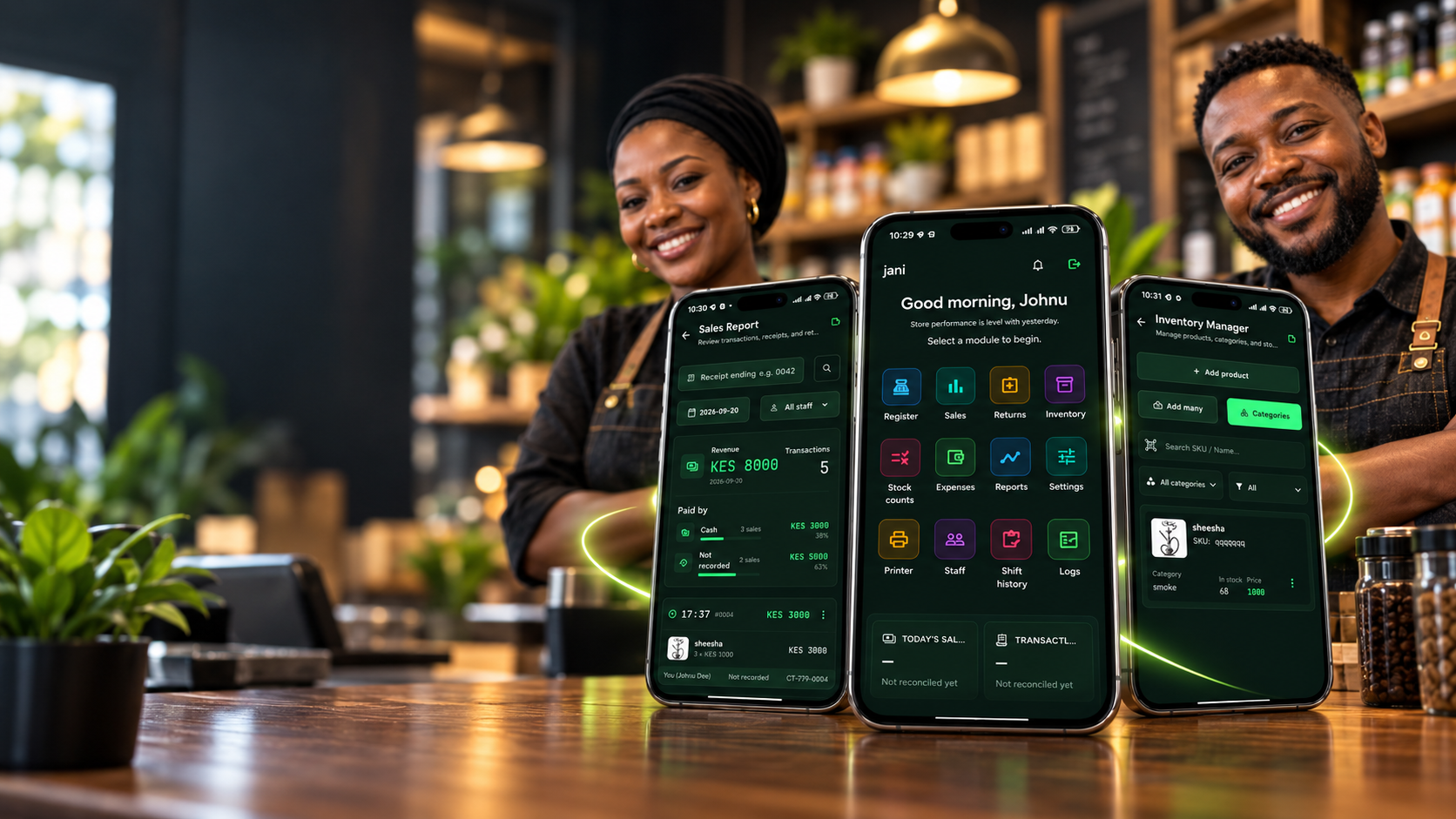 UzaPay POS shown across dashboard, sales and inventory screens with two shop owners